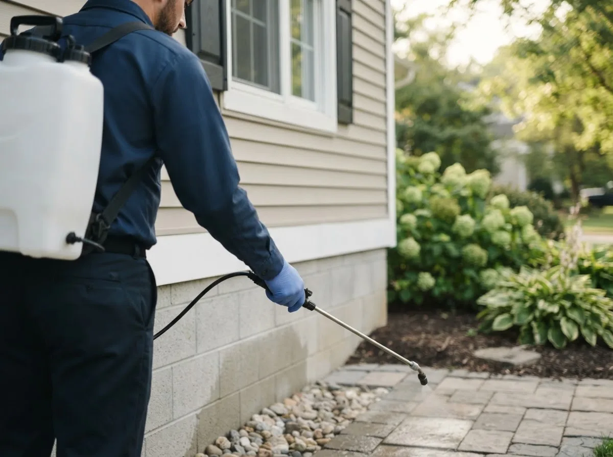Pest control technician inspecting a home in Lottsburg, VA